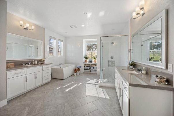 Bathroom, Dual Sink Vanities, Free Standing Baths, Glass Shower, Interior, Recessed Lighting, Wood Texture Flooring