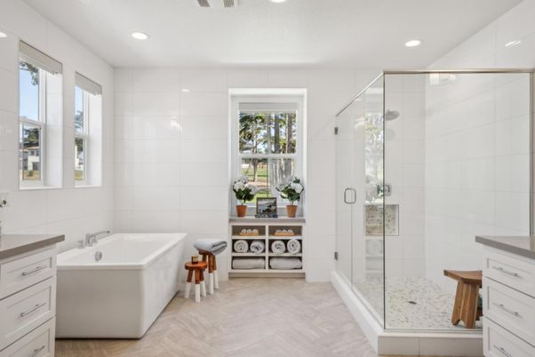 Bathroom, Free Standing Baths, Glass Shower, Interior, Recessed Lighting