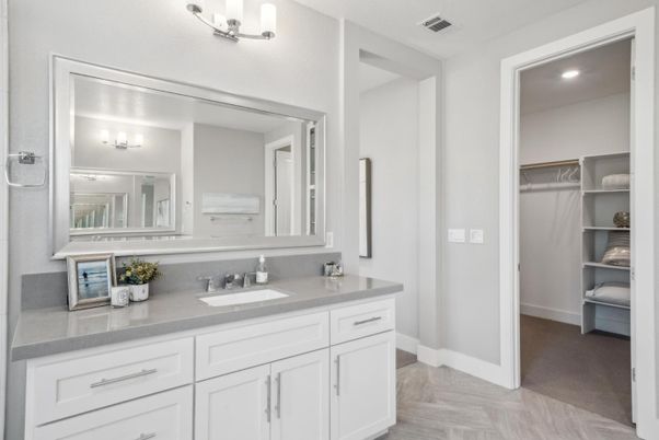 Bathroom, Dual Sink Vanities, Interior, Recessed Lighting, Walk-in Closets, Wood Texture Flooring