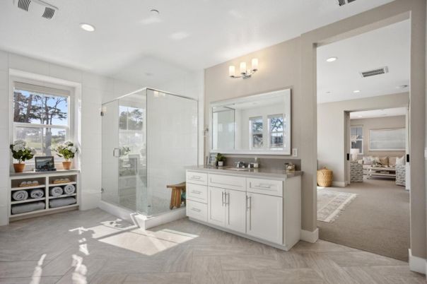 Bathroom, Glass Shower, Interior, Recessed Lighting, Wood Texture Flooring