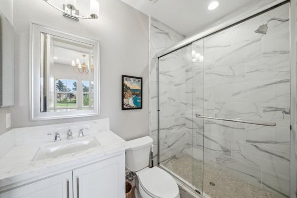 Bathroom, Glass Shower, Interior, Marble Walls, Recessed Lighting