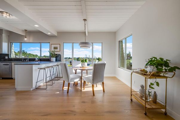 Dining room, Interior, Kitchen, Pendant Lights, Recessed Lighting, Wood Texture Flooring