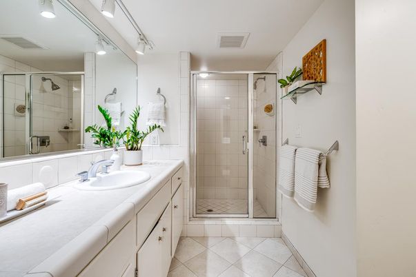 Bathroom, Glass Shower, Interior, Recessed Lighting, Tile Countertops