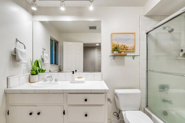 Bathroom, Glass Shower, Interior, Tile Countertops