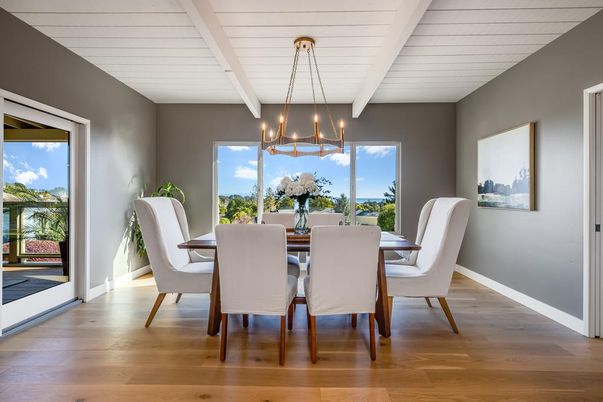 Dining room, Interior, Pendant Lights, Wood Texture Flooring