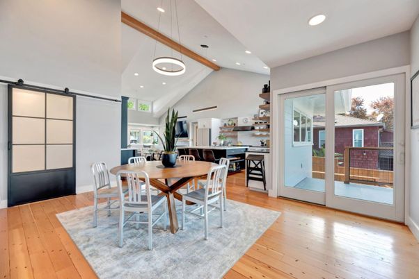 Dining room, Interior, Pendant Lights, Recessed Lighting, Wooden Beams, Wood Texture Flooring