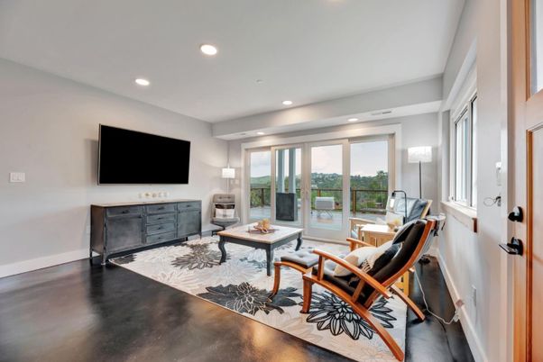 Interior, Living room, Recessed Lighting, Wood Texture Flooring