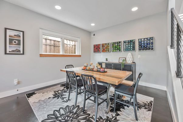 Dining room, Interior, Recessed Lighting, Wood Texture Flooring