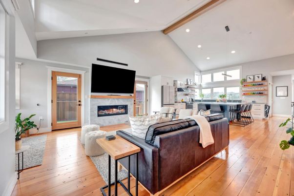 Dining room, Fireplace, Interior, Kitchen, Living room, Pendant Lights, Recessed Lighting, Wooden Beams, Wood Texture Flooring