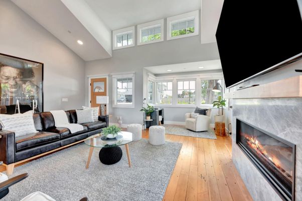 Fireplace, Interior, Living room, Recessed Lighting, Wood Texture Flooring