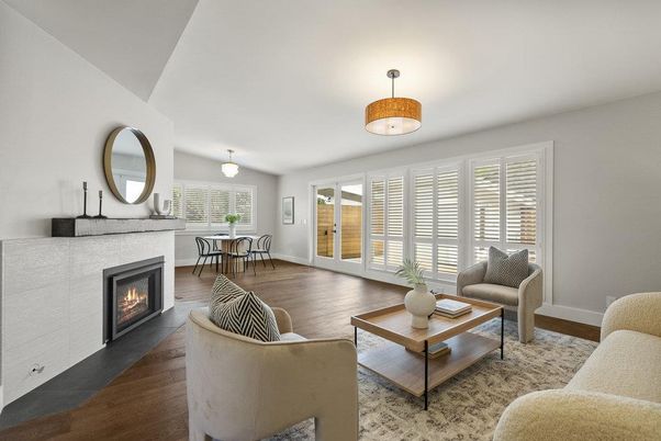 Dining room, Fireplace, Interior, Living room, Pendant Lights, Wood Texture Flooring
