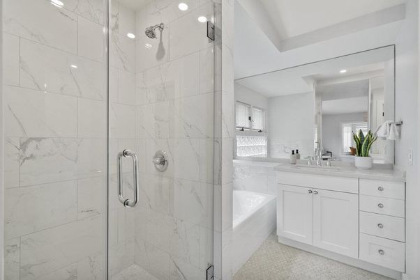 Bathroom, Glass Shower, Interior, Marble Walls, Recessed Lighting