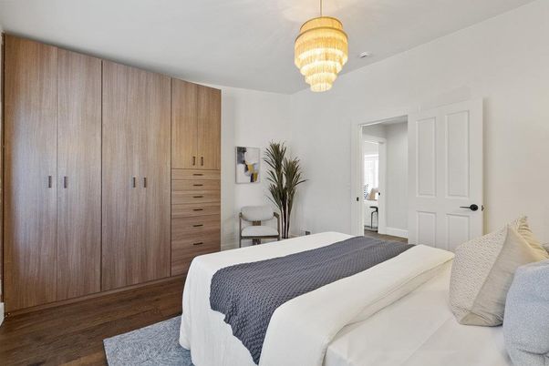 Bedroom, Chandelier, Interior, Wood Texture Flooring