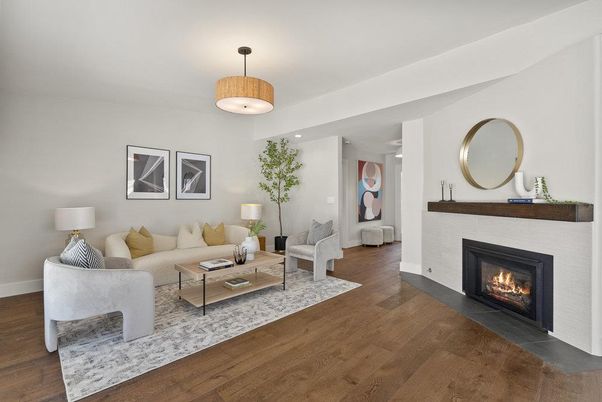 Fireplace, Interior, Living room, Pendant Lights, Recessed Lighting, Wood Texture Flooring