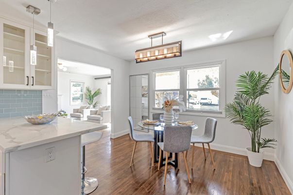 Dining room, Interior, Pendant Lights, Wood Texture Flooring