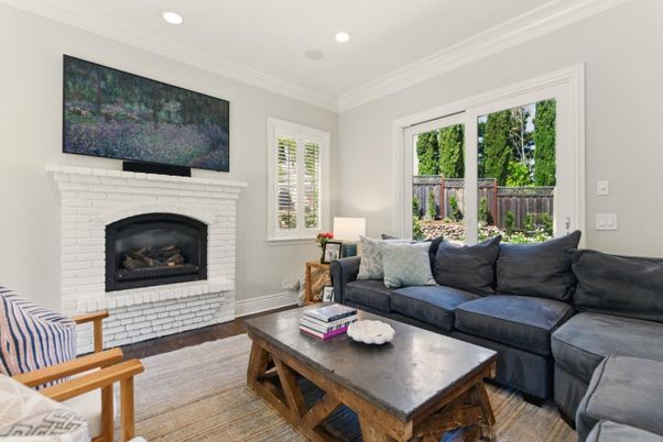 Fireplace, Interior, Living room, Recessed Lighting, Wood Texture Flooring