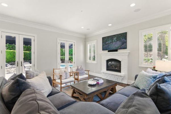 Fireplace, Interior, Living room, Recessed Lighting, Wood Texture Flooring