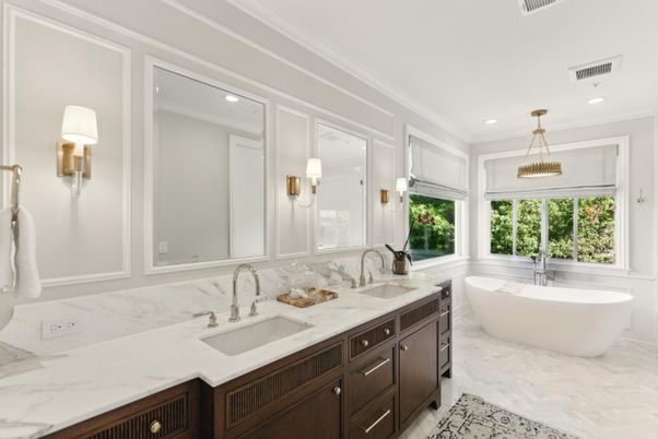 Bathroom, Dual Sink Vanities, Free Standing Baths, Interior, Marble, Pendant Lights, Recessed Lighting