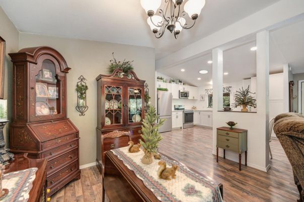 Chandelier, Interior, Kitchen, Recessed Lighting, Wood Texture Flooring