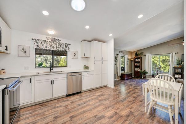 Interior, Kitchen, Recessed Lighting, Stainless Steel Appliances, Wood Texture Flooring