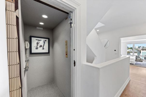Elevator, Interior, Recessed Lighting, Water, Wood Texture Flooring