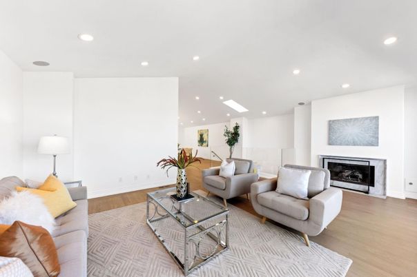 Fireplace, Interior, Living room, Recessed Lighting, Wood Texture Flooring