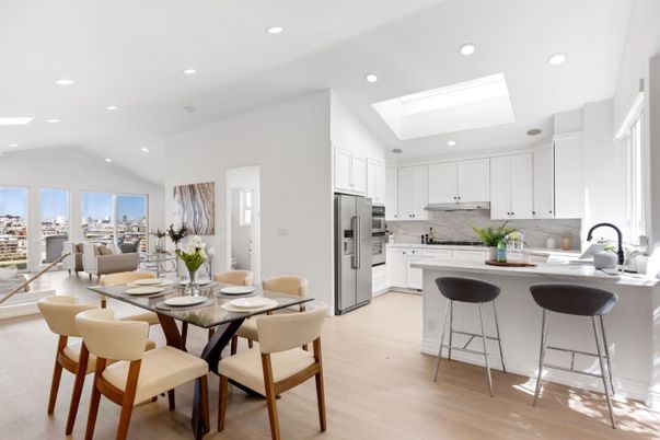 Dining room, Interior, Kitchen, Recessed Lighting, Stainless Steel Appliances, Wood Texture Flooring
