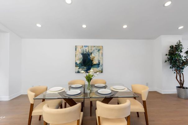 Dining room, Interior, Recessed Lighting, Wood Texture Flooring