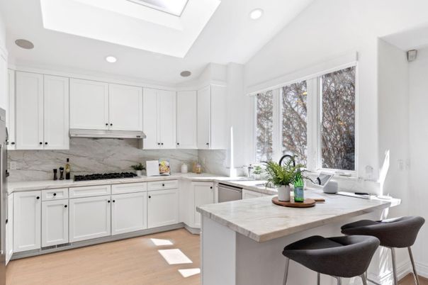 Interior, Kitchen, Marble Walls, Recessed Lighting, Wood Texture Flooring