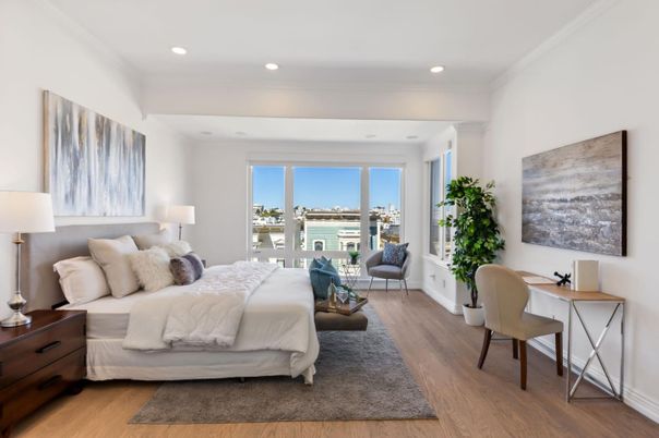 Bedroom, Interior, Recessed Lighting, Wood Texture Flooring