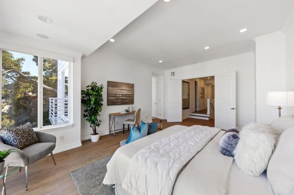 Bedroom, Interior, Recessed Lighting, Wood Texture Flooring
