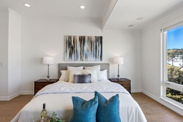 Bedroom, Interior, Recessed Lighting, Wood Texture Flooring