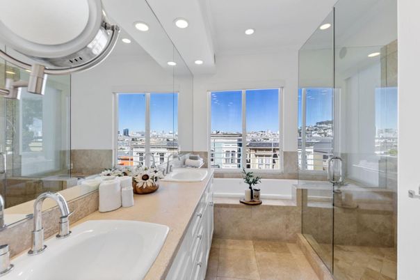 Bathroom, Dual Sink Vanities, Glass Shower, Interior, Recessed Lighting