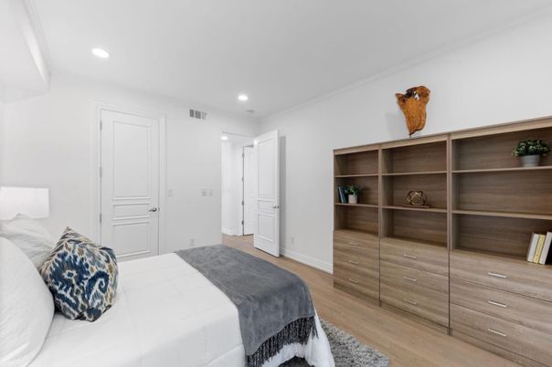 Bedroom, Interior, Recessed Lighting, Wood Texture Flooring