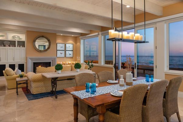 Chandelier, Dining room, Fireplace, Interior, Living room, Pendant Lights, Recessed Lighting, Water
