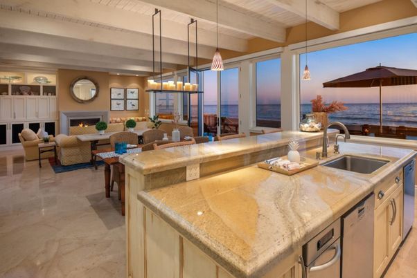 Dining room, Fireplace, Interior, Kitchen, Living room, Pendant Lights, Water