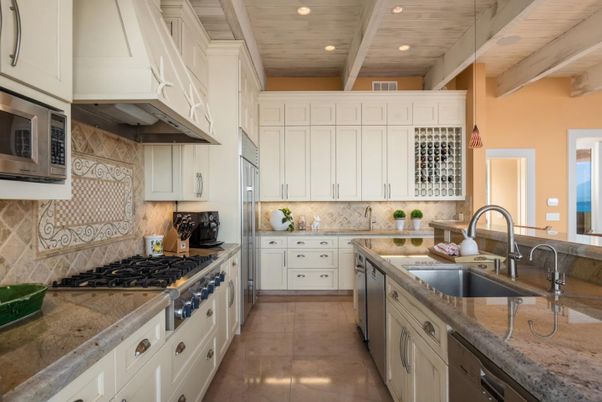 Interior, Kitchen, Recessed Lighting, Stainless Steel Appliances, Water, Wooden Ceilings