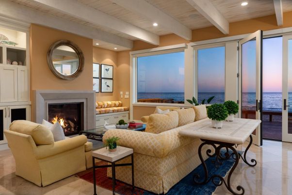 Fireplace, Interior, Living room, Recessed Lighting, Water, Wooden Ceilings