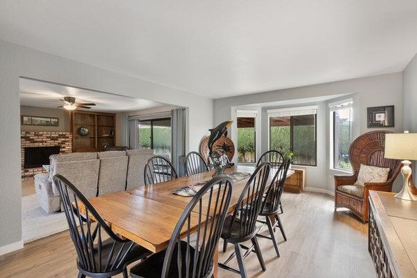 Dining room, Fireplace, Interior, Living room, Stone Walls, Wood Texture Flooring