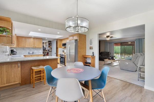 Dining room, Interior, Kitchen, Living room, Pendant Lights, Recessed Lighting, Stainless Steel Appliances, Wood Texture Flooring