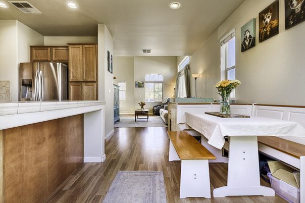 Dining room, Interior, Kitchen, Living room, Recessed Lighting, Stainless Steel Appliances, Wood Texture Flooring
