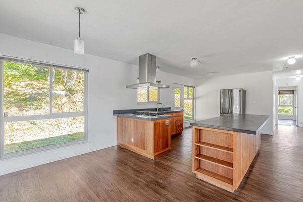 Interior, Kitchen, Pendant Lights, Stainless Steel Appliances, Wood Texture Flooring