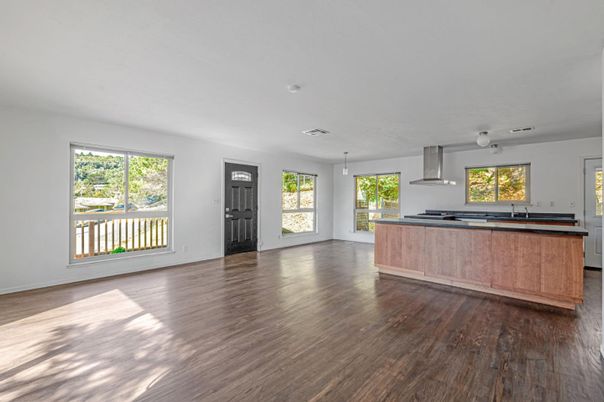 Empty room, Interior, Kitchen, Pendant Lights, Wood Texture Flooring