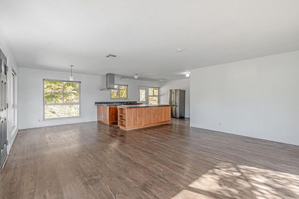 Empty room, Interior, Kitchen, Pendant Lights, Wood Texture Flooring