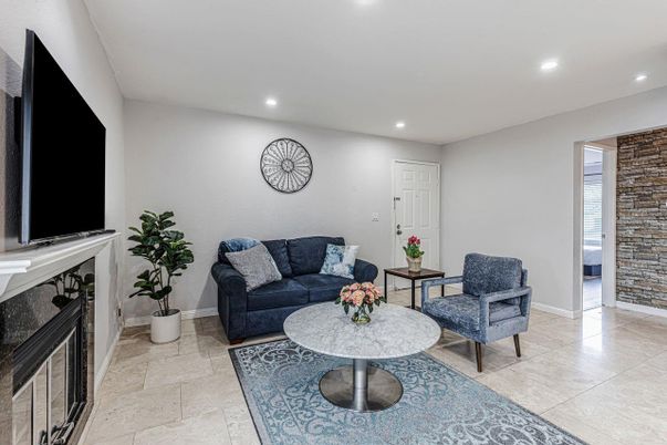Interior, Living room, Recessed Lighting, Stone Walls