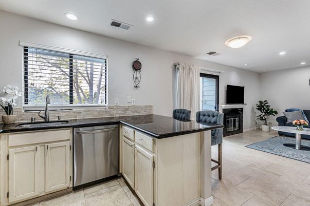 Fireplace, Interior, Kitchen, Recessed Lighting, Stainless Steel Appliances