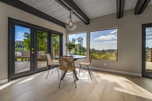 Dining room, Interior, Pendant Lights, Wood Texture Flooring