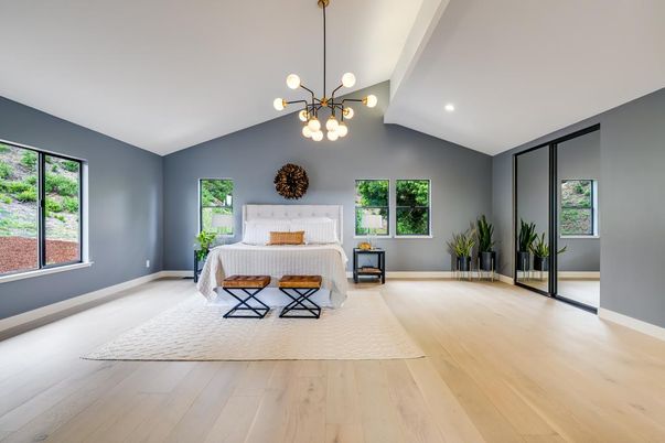 Bedroom, Interior, Pendant Lights, Recessed Lighting, Wood Texture Flooring