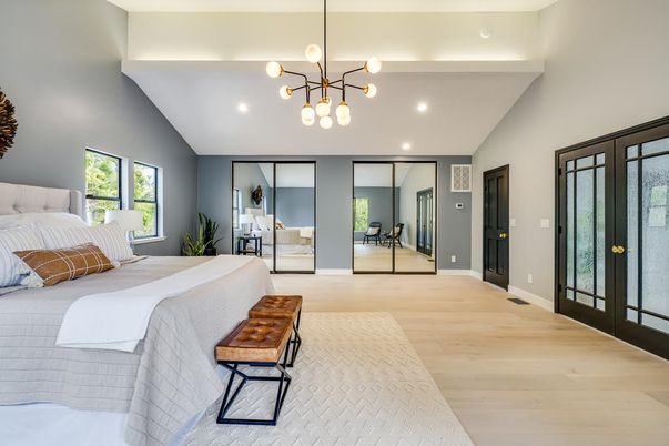 Bedroom, Interior, Pendant Lights, Recessed Lighting, Wood Texture Flooring