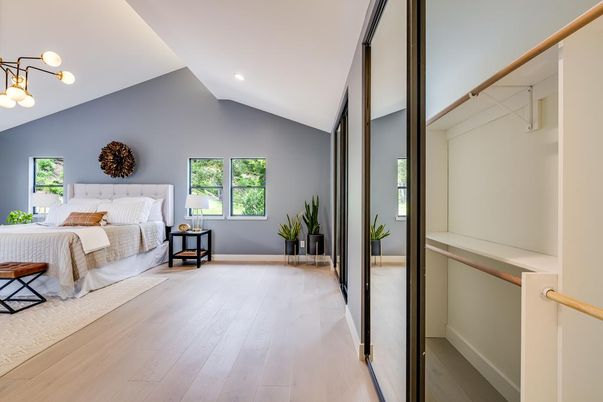 Bedroom, Interior, Pendant Lights, Recessed Lighting, Wood Texture Flooring